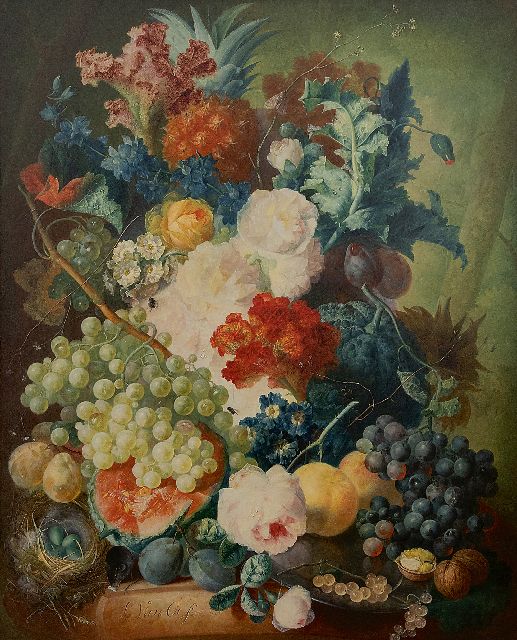 Os J. van | Flower still life with fruit, a mouse and a bird's nest, oil on panel 69.7 x 55.1 cm, signed l.l. and dated 1774