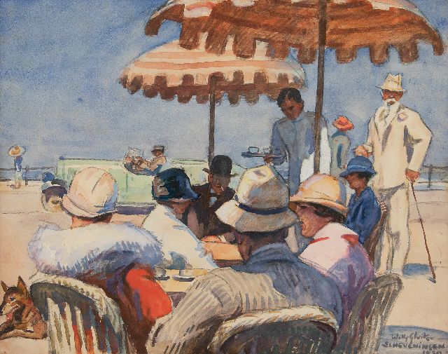 Sluiter J.W.  | On the Scheveningen boulevard, in the morning, chalk and watercolour on board 37.1 x 47.0 cm, signed l.r. and dated 'Scheveningen' 1930