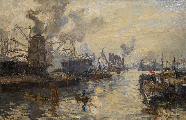 Johan Hendrik van Mastenbroek | Grain elevators at work in the harbour, Rotterdam, oil on canvas, 84.1 x 130.5 cm, signed l.r. and dated 1913