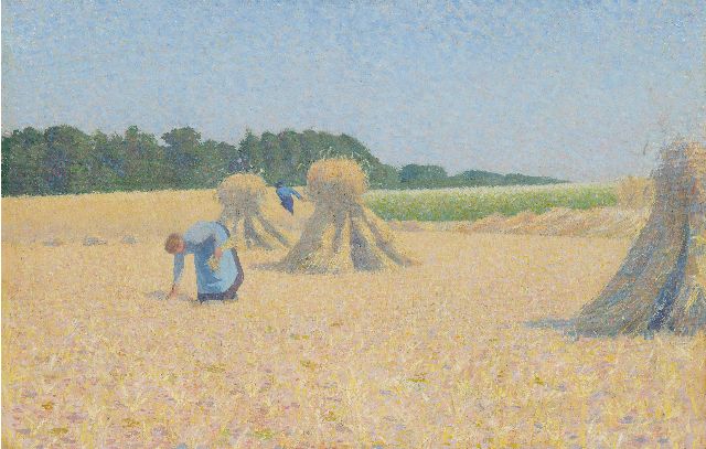 Ferdinand Hart Nibbrig | Gleaner working the field, oil on canvas, 39.2 x 60.4 cm, ca 1900