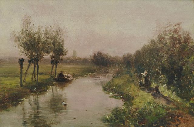Destrée J.J.  | A polder landscape with figures, oil on panel 28.8 x 43.8 cm, signed l.r. and dated 1878