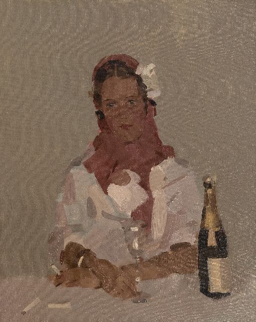Frits Verdonk | Woman with cigarette and champagne bottle, oil on canvas, 50.2 x 40.1 cm