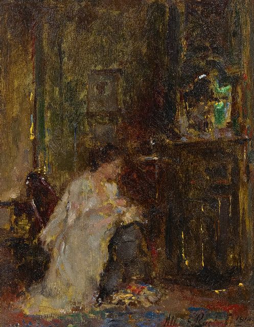 Roelofs O.W.A.  | Woman in an interior, oil on panel 18.0 x 14.0 cm, signed l.r. and dated 1914