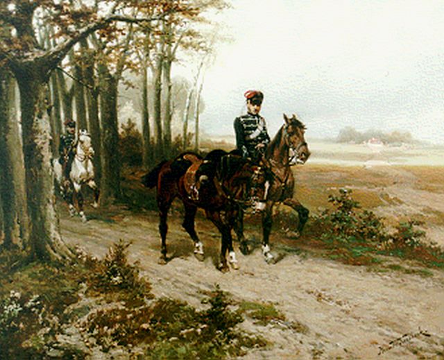 Koekkoek H.W.  | Hussars and horse without rider, oil on canvas 43.0 x 53.6 cm, signed l.r.