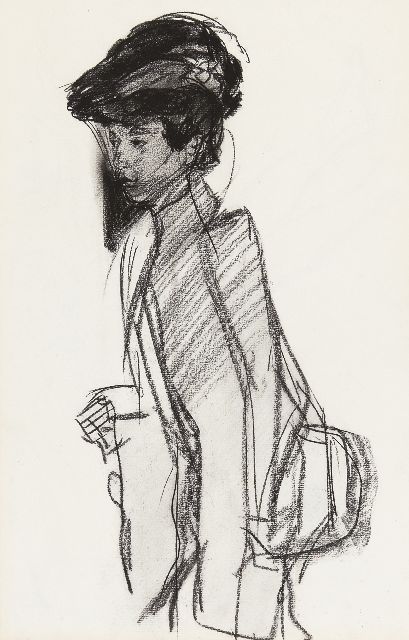 Isaac Israels | A lady with a hat, charcoal on paper, 42.0 x 27.0 cm