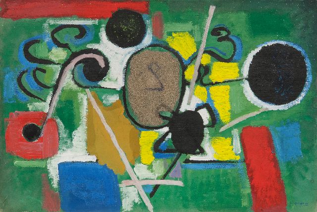 Ouborg P.  | Composition, gouache and sand on paper 27.0 x 40.5 cm, signed l.r. and on the reverse and executed ca. 1949