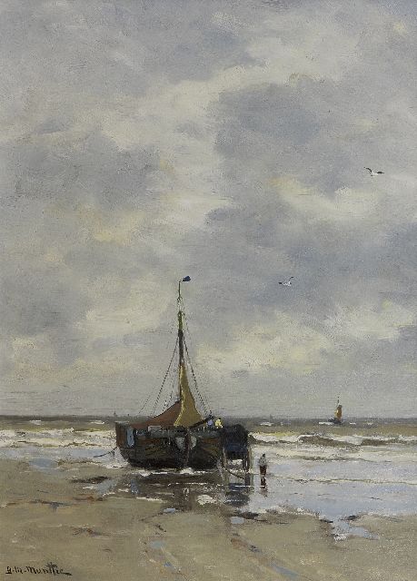 Munthe G.A.L.  | Loading the fishing nets, oil on panel 39.2 x 29.6 cm, signed l.l.