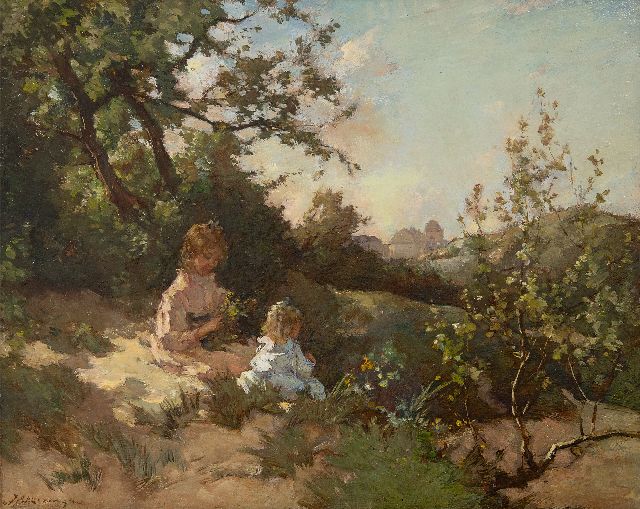 Johannes Evert Akkeringa | Children picking flowers in the dunes, oil on panel, 31.9 x 39.4 cm, signed l.l.