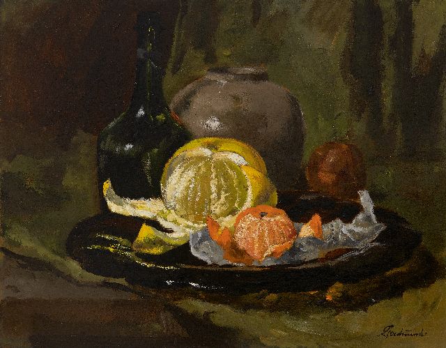 Theo Goedvriend | Still life with a peeled orange and mandarine, oil on painter's board, 37.4 x 47.3 cm, signed l.r.