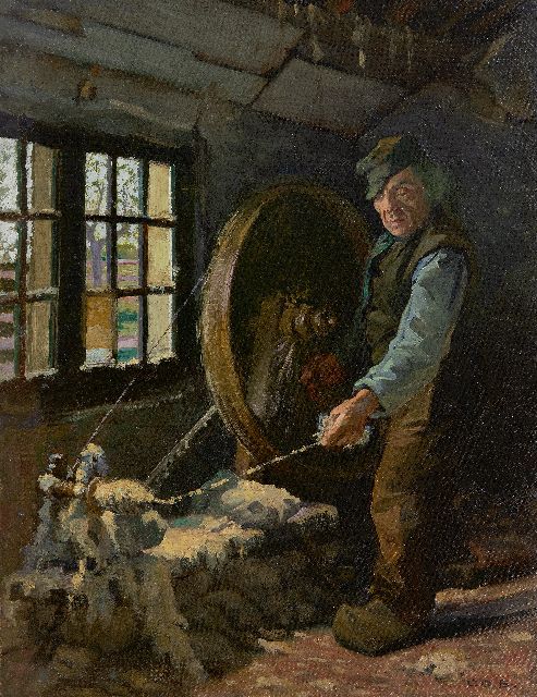 Co Breman | At the spinning wheel, oil on canvas laid down on board, 49.7 x 39.1 cm, signed l.r.