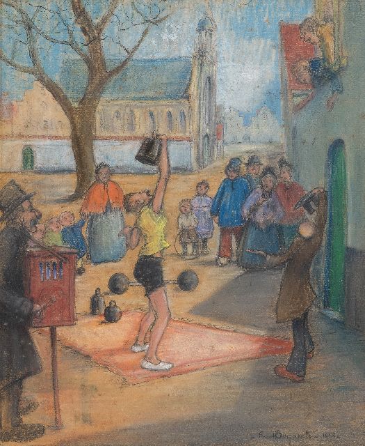 Fred Bogaerts | Street artists by the Sint-Margaritachurch in Lier, gouache on paper, 31.2 x 25.7 cm, signed l.r. and dated 1923
