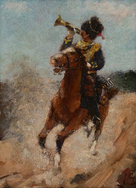 Jacob Hendrik Geerlings | Cavalrist with trumpet, oil on canvas, 32.1 x 22.9 cm, signed l.r. with initials