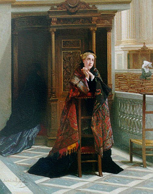 Gustave De Jonghe | The confession, oil on panel, 61.0 x 49.0 cm, signed l.l.