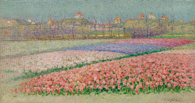Albert Lefebvre | Hyacinth fields behind the dunes near Noordwijk, oil on canvas, 32.4 x 60.0 cm, signed l.r.