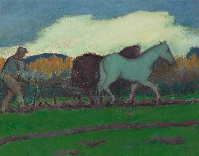 Jan Altink | Ploughing farmer with horses, wax paint on canvas, 55.0 x 70.1 cm, signed l.r. and painted ca. 1924-1928