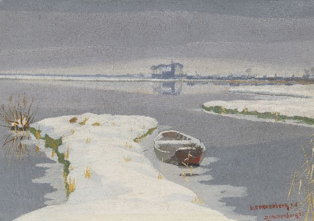Dirk Smorenberg | Snowy lake at Loosdrecht, the church of Oud-Loosdrecht in the distance, oil on canvas, 22.3 x 31.9 cm, signed l.r. (twice) and dated '23 (twice)