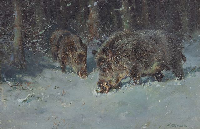 Woodhouse W.  | Two wild boars in the snow, oil on panel 20.0 x 30.0 cm, signed l.r.