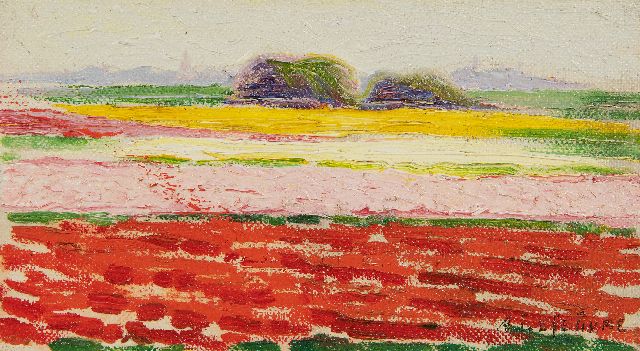 Albert Lefebvre | Bulb fields near Noordwijk, oil on canvas laid down on board, 10.1 x 17.7 cm, signed l.r. and dated 1919 on the reverse