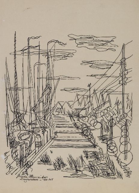 Frieda Hunziker | Houses on the water, Durgerdam, pen and ink on archment, 33.2 x 24.0 cm, signed l.l. and dated '40-'45