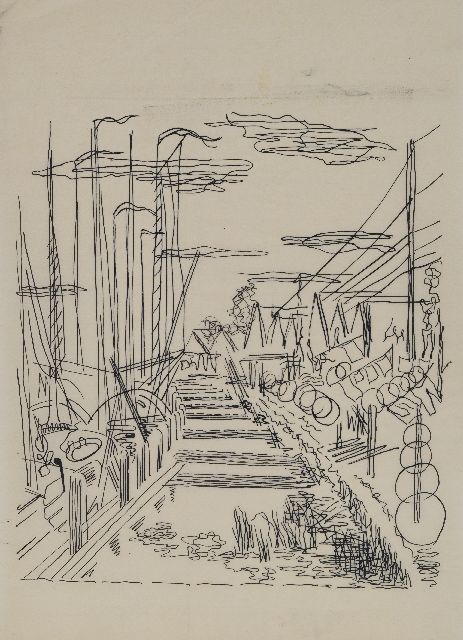 Frieda Hunziker | Houses on the water, Durgerdam, pen on parchment, 33.1 x 24.0 cm, executed ca. 1940-1945
