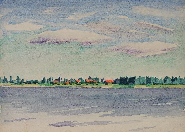 Frieda Hunziker | View of a village near the water, watercolour on paper, 26.9 x 37.3 cm