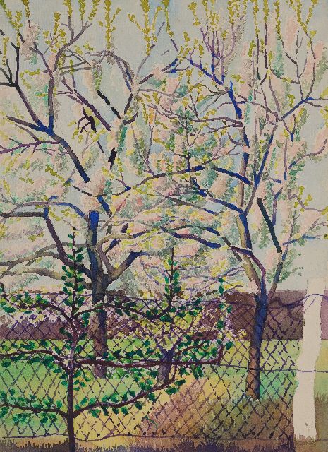 Frieda Hunziker | Blossom trees in a garden, watercolour on paper, 37.3 x 26.9 cm