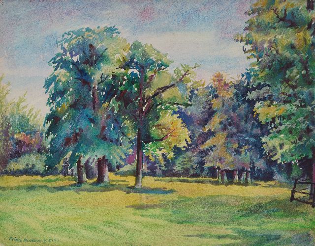 Frieda Hunziker | Landscape garden of Twickel Castle, Delden, watercolour on paper, 34.9 x 44.8 cm, signed l.l. and dated 7.8.'44