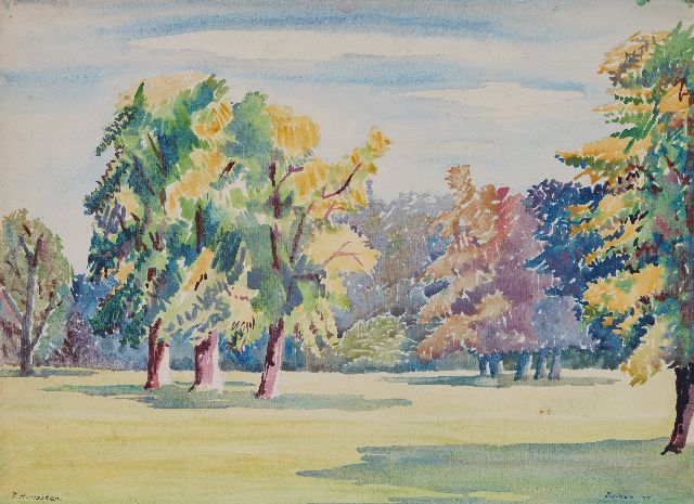 Frieda Hunziker | Landscape garden of Twickel Castle, Delden, watercolour on paper, 32.7 x 44.9 cm, signed l.l. and dated '44