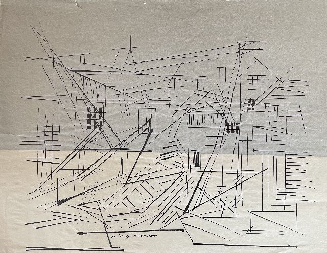 Frieda Hunziker | Houses and ships, pen and ink on archment, 30.0 x 38.5 cm, signed l.c. and dated 11-11-47