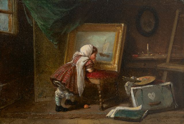 Mari ten Kate | The young art lover, oil on panel, 14.9 x 21.8 cm, signed l.r. and with initials on the drawing folder