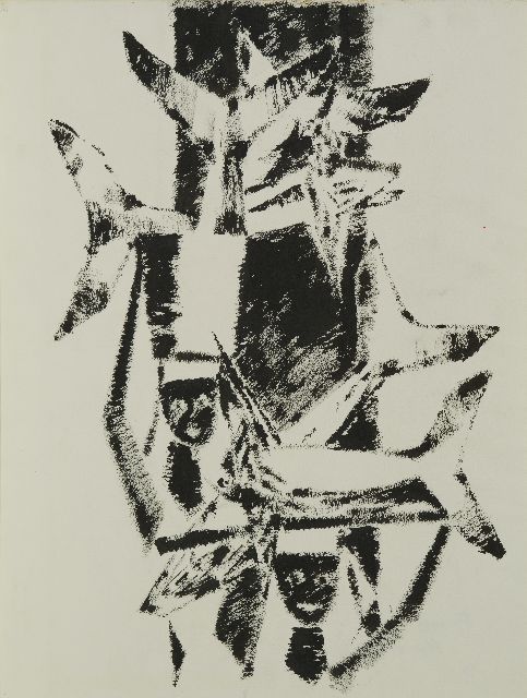 Frieda Hunziker | Composition with fish, ink on paper, 74.1 x 56.5 cm, signed on the reverse and dated on the reverse '53