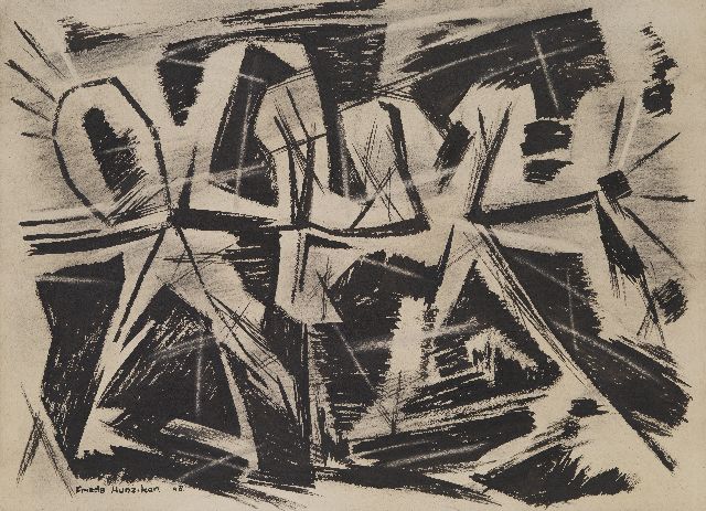 Frieda Hunziker | Composition, ink and chalk on paper, 57.2 x 78.5 cm, signed l.l. and dated 48