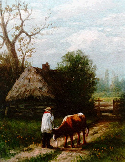 Willem Frederik Hulk | Boer met rund bij een boerderij, oil on panel, 12.8 x 10.2 cm, gesigneerd r.o.