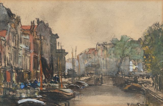Floris Arntzenius | View on a Dutch canal, black chalk and watercolour on paper, 13.1 x 19.2 cm, signed l.r.