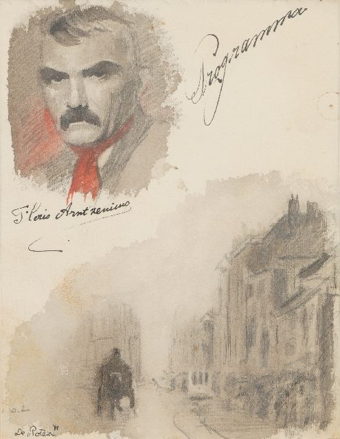 Floris Arntzenius | Sheet with a self-portrait and sketch of the street Lange Poten in The Hague, pencil, ink and watercolour on paper, 15.7 x 12.4 cm, signed c.l.