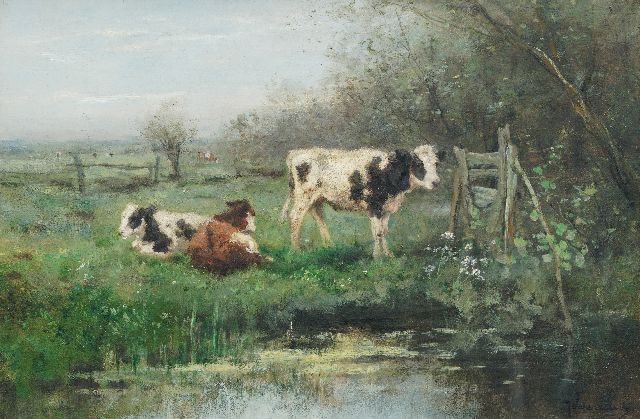 Johan Frederik Cornelis Scherrewitz | Young cows along the water's edge, oil on canvas, 30.4 x 45.4 cm, signed l.r.
