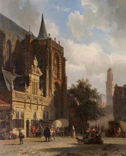 Cornelis Springer | A sunny view of the Hoofdwacht at the Grote Markt in Zwolle, oil on panel, 54.5 x 44.2 cm, signed l.r. with monogram and dated '59