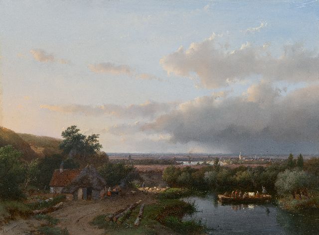 Andreas Schelfhout | Panoramic summer landscape with a ferry, oil on panel, 37.3 x 50.6 cm, signed l.l. and dated '57