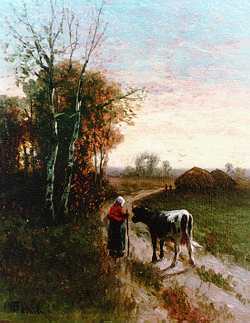 Willem Frederik Hulk | Boerenvrouw met vee op een landweg, oil on panel, 12.8 x 10.3 cm, gesigneerd l.o.
