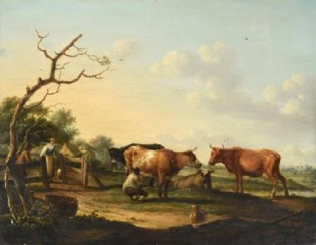 Dongen D. van | At the dairy farm, oil on panel 46.7 x 60.0 cm