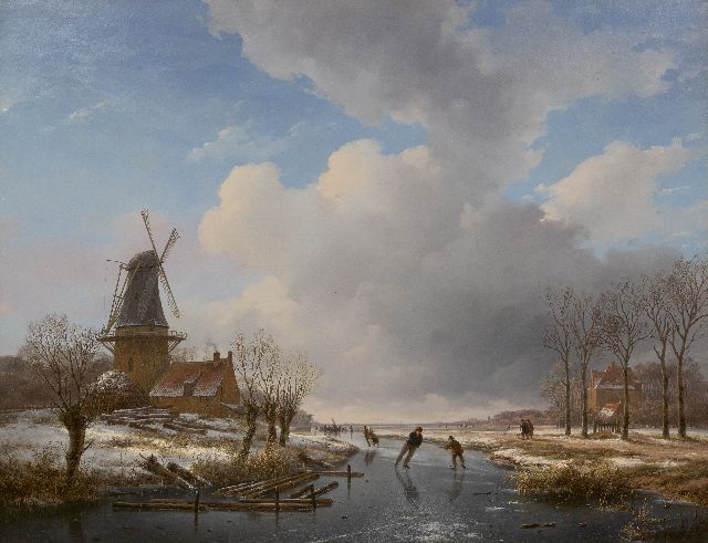 Andreas Schelfhout | Skaters on a frozen canal near a windmill, oil on canvas, 83.8 x 107.9 cm, signed l.c. and painted ca. 1830