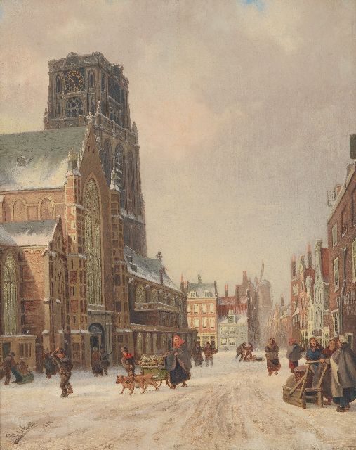 Gulik F.L. van | A snowy view of Rotterdam with the Sint-Laurens church and windmill De Noord, oil on panel 40.5 x 32.4 cm, signed l.l. and dated 1882
