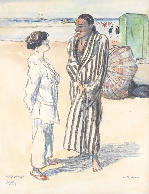 Willy Sluiter | Scheveningen, Bains Mixtes, chalk and watercolour on paper on board, 47.0 x 36.7 cm, signed l.r.