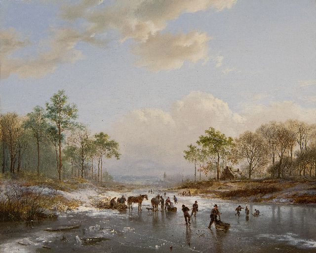 Barend Cornelis Koekkoek | Skaters and wood gatherers on a frozen river, oil on canvas, 29.0 x 35.7 cm, signed l.l. and dated 1832