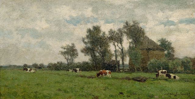 Jan Hendrik Weissenbruch | Grazing cows near a haybarn, oil on canvas, 24.8 x 45.4 cm, signed l.r.