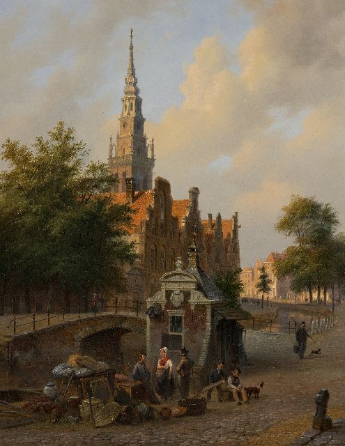 Hove B.J. van | A town view with an antiques dealer in the foreground, oil on panel 50.1 x 39.6 cm, signed l.l. and dated 1844