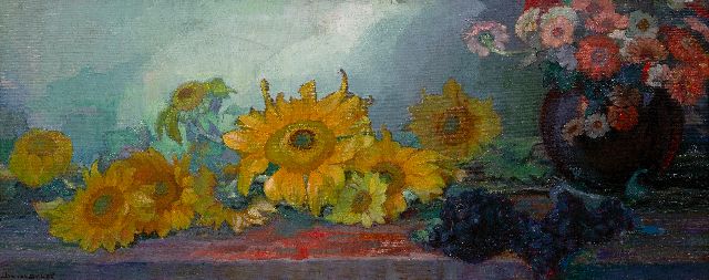 Jan van Delft | Still life with sunflowers, oil on canvas, 48.4 x 115.6 cm, signed l.l.