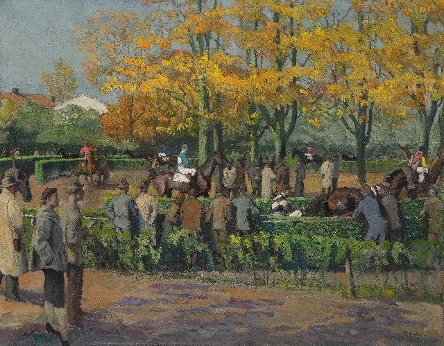 Pol Dom | Audience watching the racehorses in the paddock at Duindigt racecourse in Wassenaar, oil on canvas, 65.7 x 81.8 cm, signed l.r. and on the stretcher