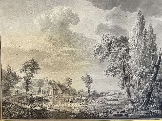 Johannes Hermanus Koekkoek | River landscape with figures and cattle at a farmhouse, washed ink on paper, 29.0 x 38.8 cm, signed l.l.