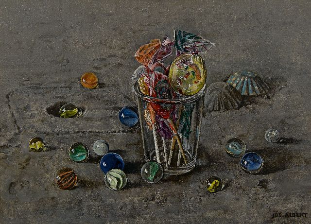 Jos Albert | Still life with sweets and marbles, oil on canvas, 24.6 x 33.3 cm, signed l.r.
